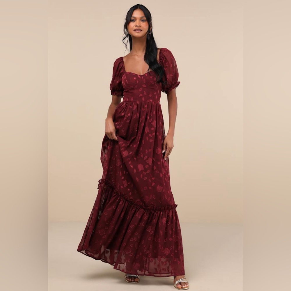 Lulus-Phenomenal Sweetness Burgundy Floral Burnout Bustier Maxi Dress (XL)